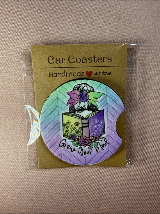 Accessories - Book Lover Grow Your Mind Floral Feminine One Boutique Car Coaster Reading NWT